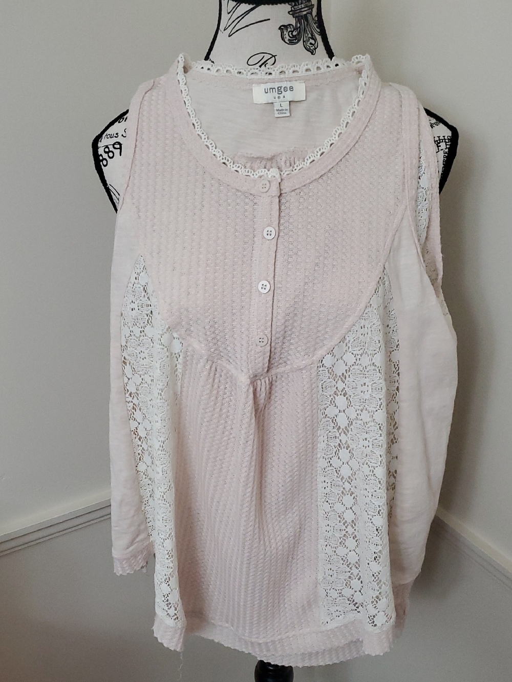Umgee USA tank waffle knit lace cream tank top Size Large Cotton blend